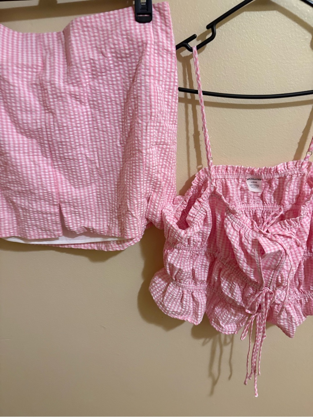Pink Gingham Seersucker Two-Piece Set top size large shirts skirt size medium